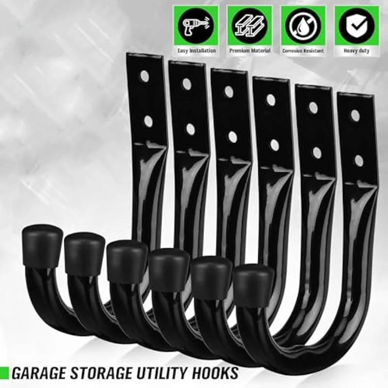 A74E-6Pcs خطافات تخزين المرآب شديدة التحمل، خطافات الدراجة لجدار المرآب، خطافات المرآب المرافق، خطاف J للتعليق على الحائط