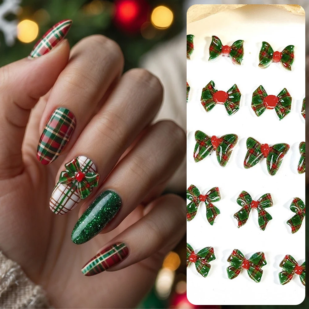50Pcs Xmas Red Green Checkered Bow Nail Charms 3D Christmas Plaid Bowknot Resin Nails Decorations DIY Holiday Manicure Supplies