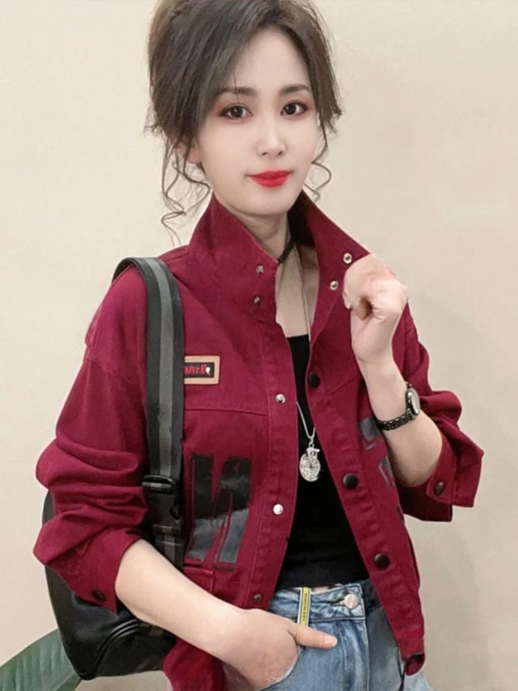 Pure Cotton Spring Autumn ort Jaet Women's Faionable Stand Collar Denim Outerwear Unique Small Size Ladies Top