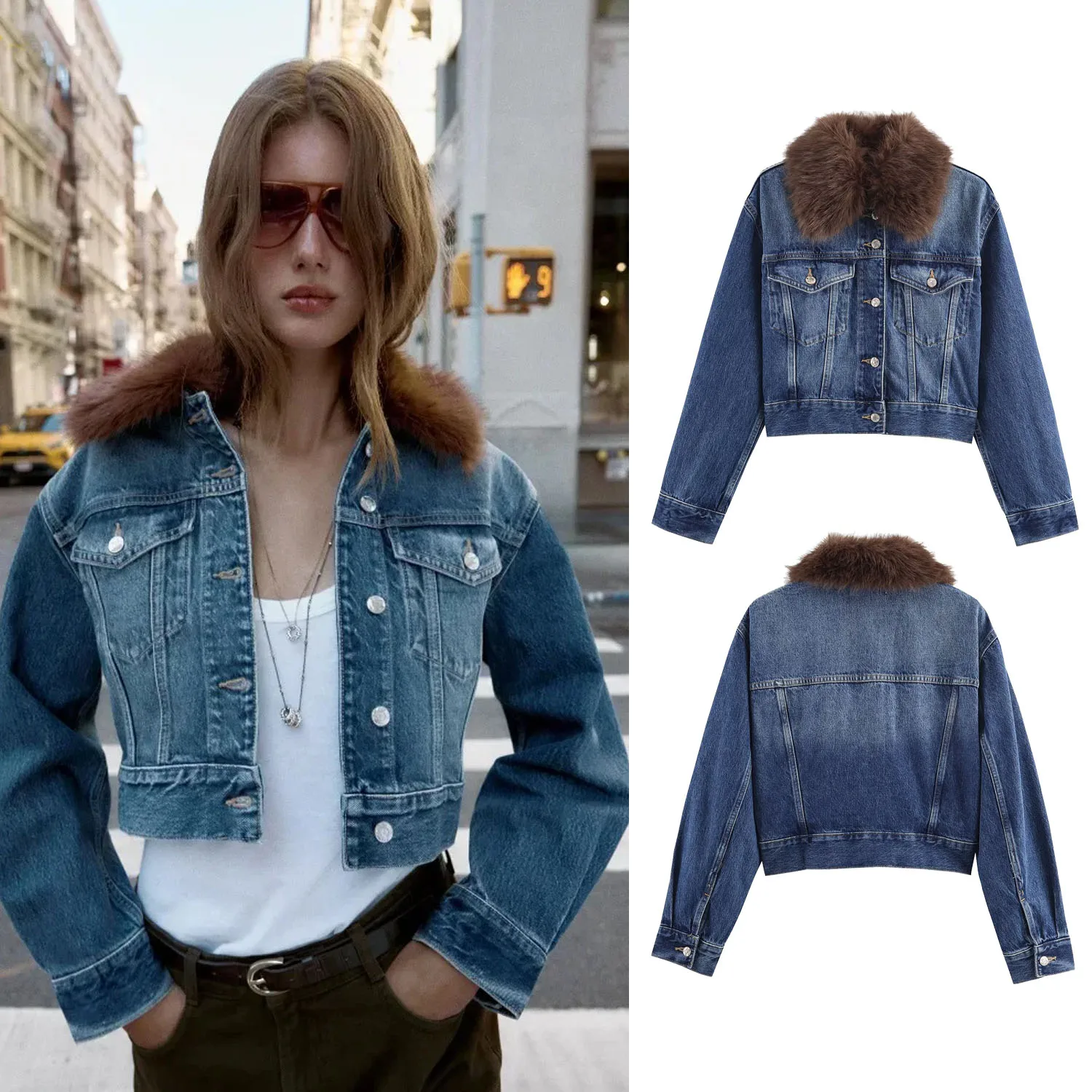 

Women's Faux Fur Collar Denim Short Jacket Female Single Breasted High Waisted Long Sleeved Autumn Winter Warm Jacket Streetwear