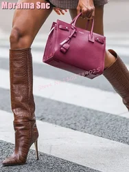 Knee High Pointed Stiletto Heel Boots Slip On Women Long Boots Autumn Winter Fashion Sexy Brown Solid Concise Style 2025 Newest