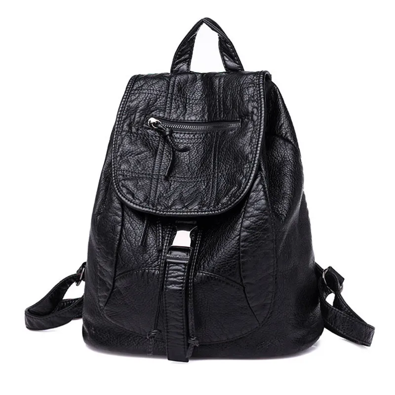 MJ Soft Leather Women Backpack Large Travel Bag PU Leather Female Daypack Black Backpack School Bag for Teenage Girls