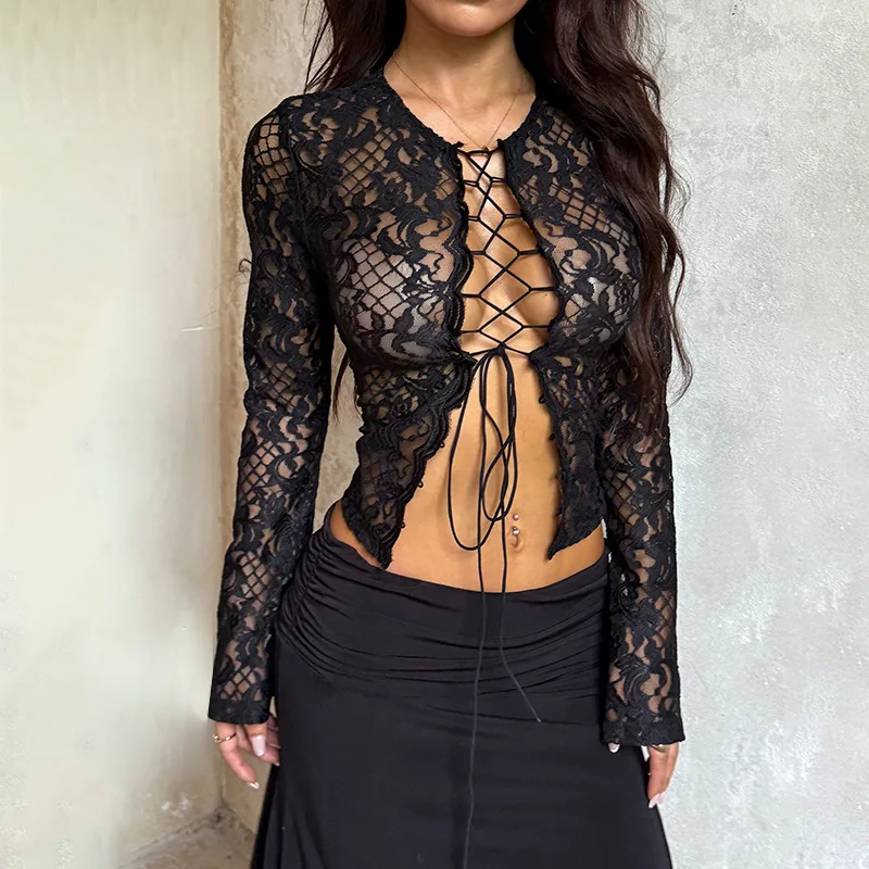 Prospettiva sexy pizzo fasciatura incrociata scava fuori maglietta da donna maniche lunghe camicia che tocca il fondo maglietta da donna top Camisetas Mujer