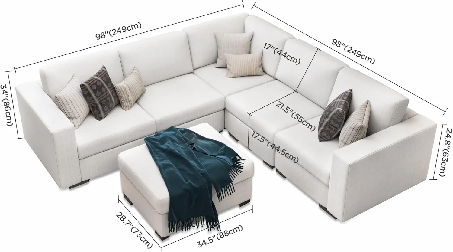 Oversized Modular Sectional Couches for Living Room Beige Convertible 5 Seater Sofas with Ottoman Sleeper Day Bed