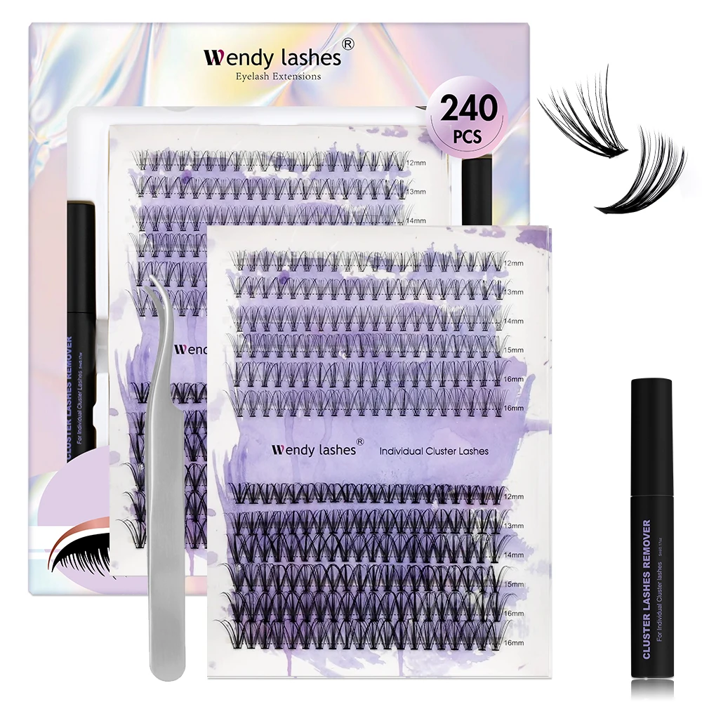 Wendy DIY Lashes Extension Kit 240 PCS  0.07 Thickness Clusters Lash Bond And Seal Lash Glue Remover And Lash Tweezer