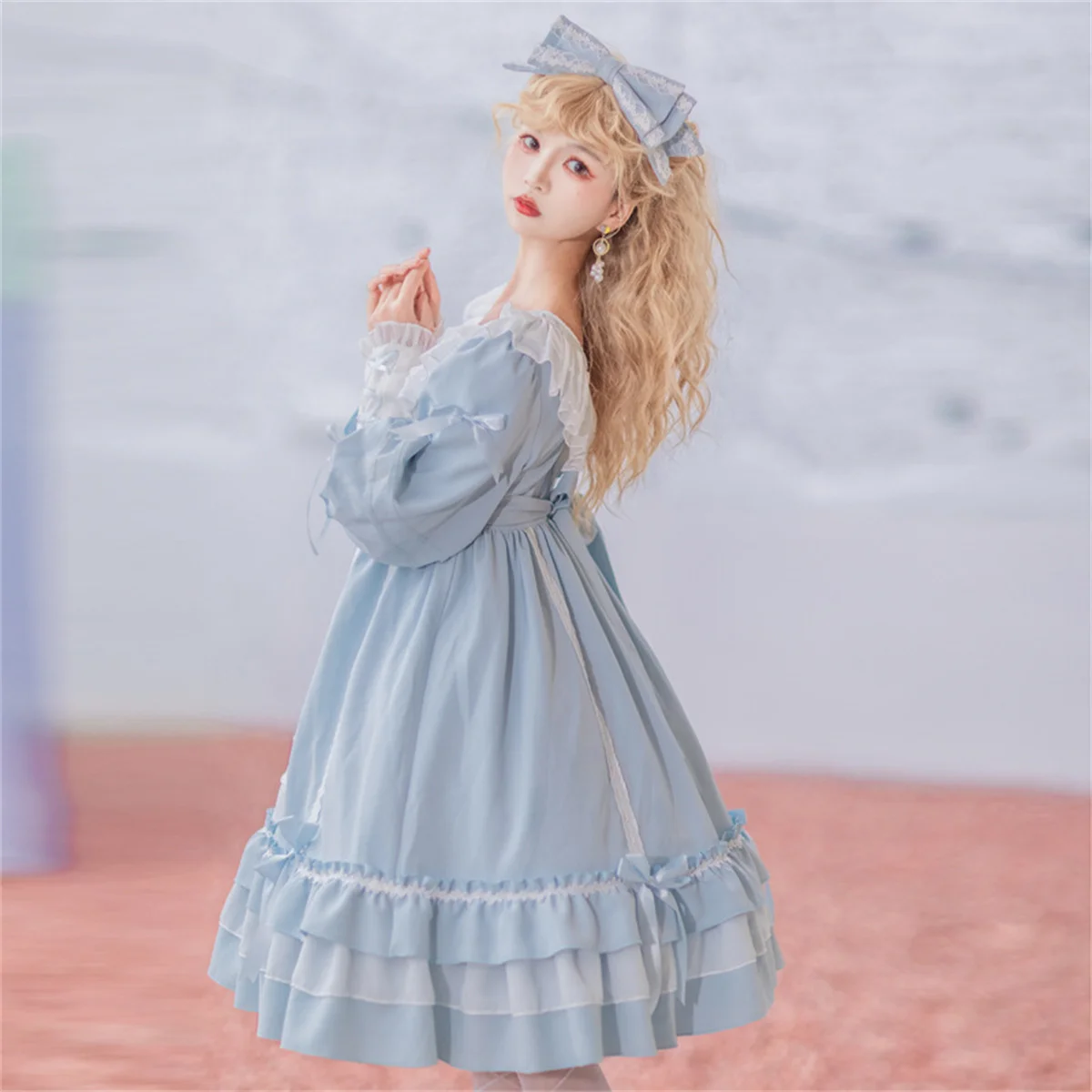 French Romantic Vintage Style Lolita Op Elegant  Girls Cosplay Solid Color Lantern Sleeve Ribbon Bowknot Ruffle Backless Dress