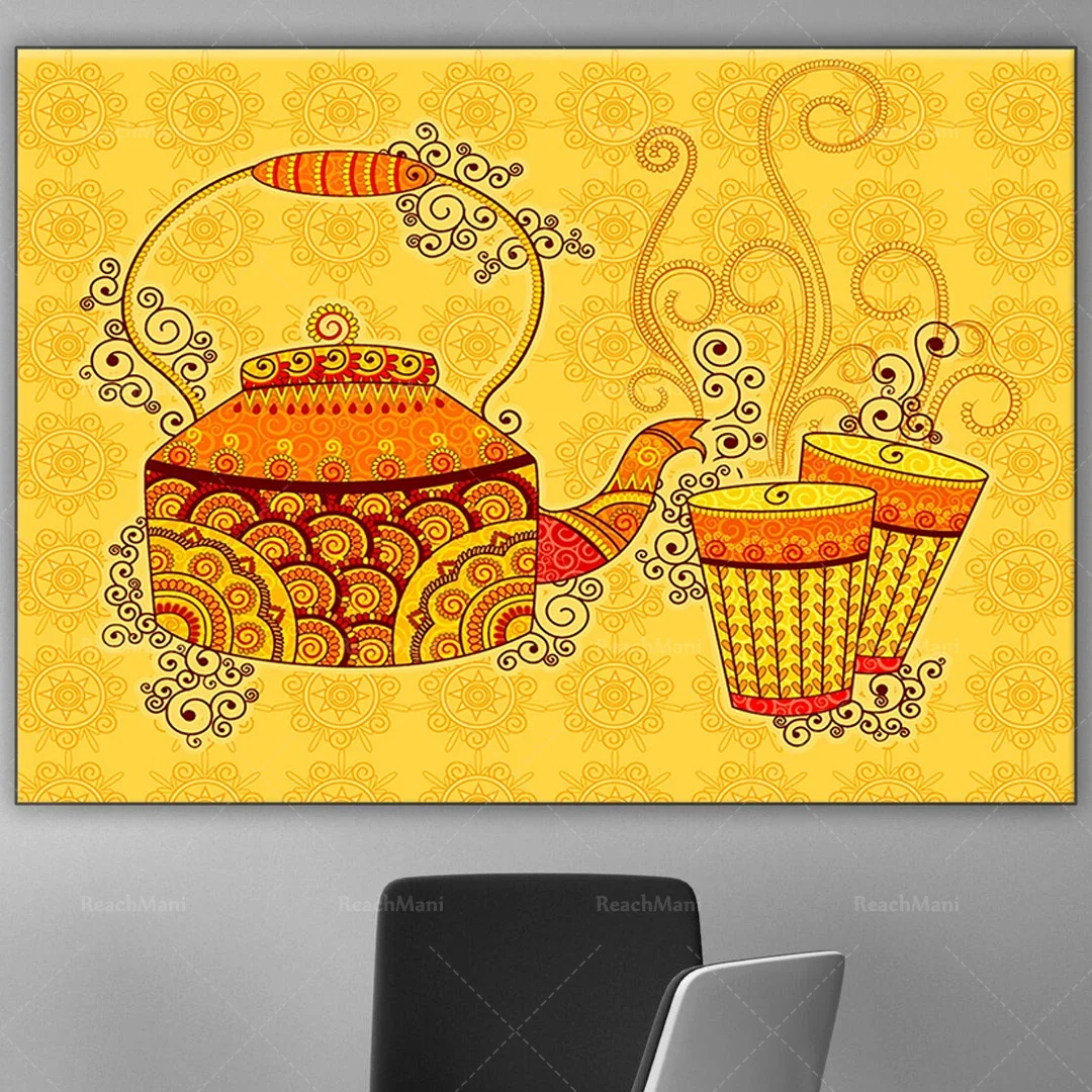 Indian Art Canvas Poster Indian Kettle Tea Glass Yellow Pop Art Modern Street Decoration Printing