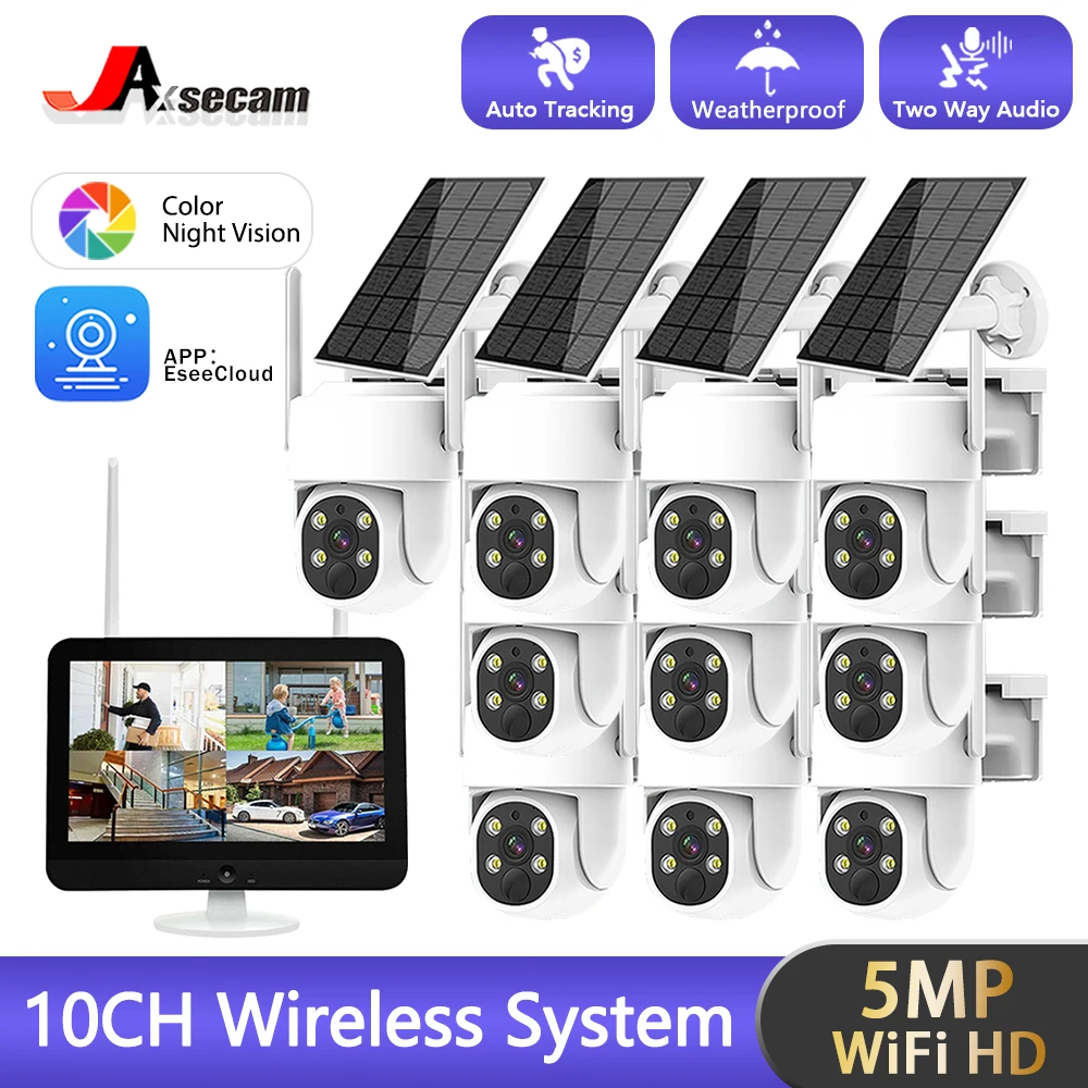 

10CH 5MP NVR Lower Consumption Solar Panel Battery Track Surveillance Sysrtem Wireless 4MP PTZ Security Camera Surveillance Kit