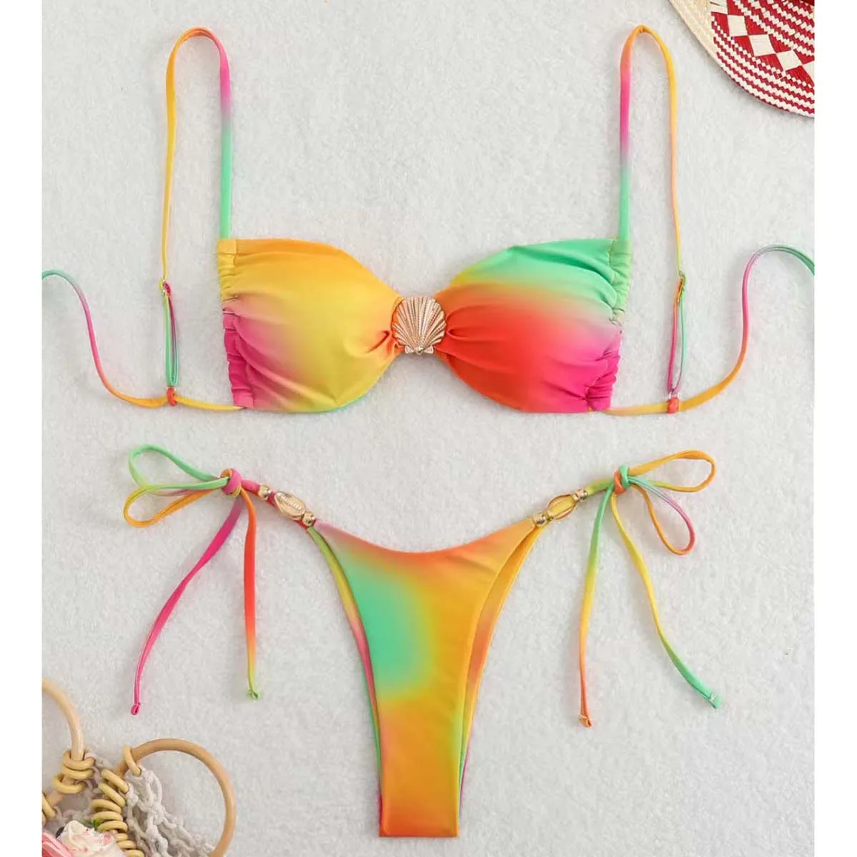 

Women Sexy Orange Gradient Rainbow Bra Thong 2pcs Bikini Set