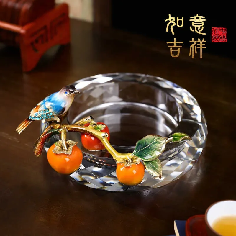New Chinese Style Enamel Crystal Glass Ashtray High End Light Luxury Home Office Decor Anti Fly Ash Ornament Living Room