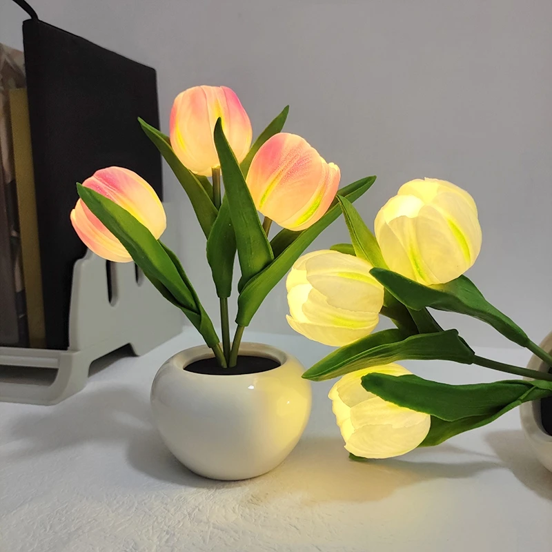 2023 LED Tulip Lamp Night Simulation Flower Lamp Atmosphere Night Light with Pot Nightlights Tulips Table Lamp Room Decor