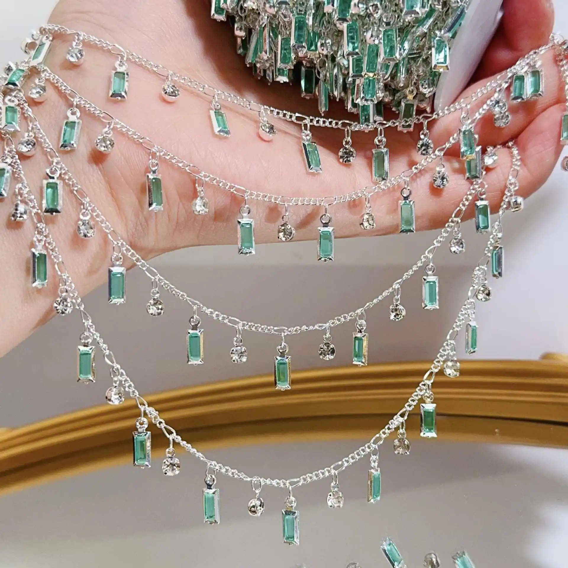 1 Meter Mint Green Rectangular Rhinestone Pendant Copper Chain for DIY Necklace Bracelet Sweater Chain Jewelry Making view 3