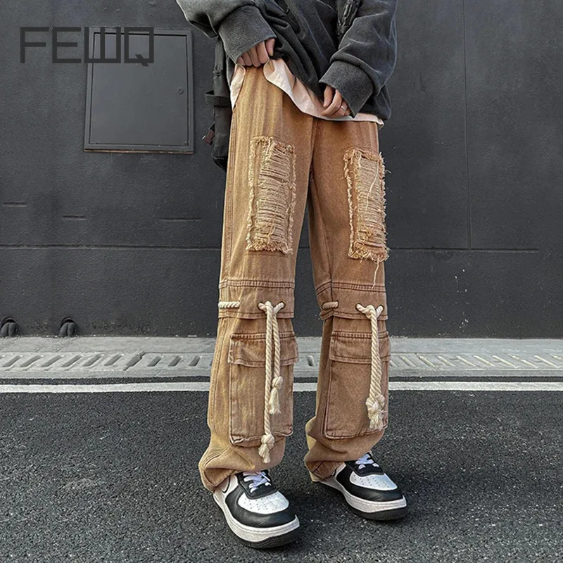 

FEWQ High Street Washable Men Pants Design Loose Broken Jeans 2024 Vintage Pocket Lace Up Male Trousers New Fashion 24X8344