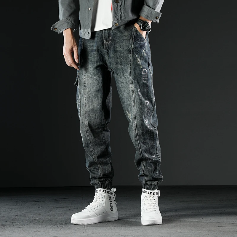 

Fashion Streetwear Men Jeans Retro Black Blue Loose Fit Denim Cargo Pants Hip Hop Joggers Men Big Pocket Designer Wide Leg Jeans