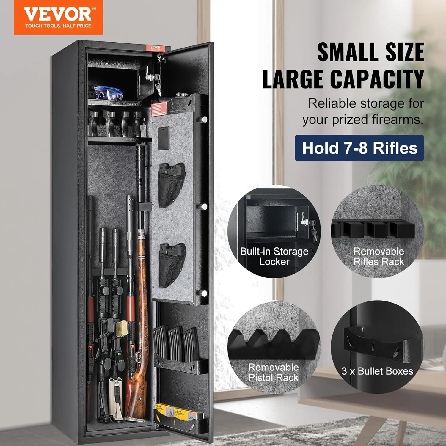 7-8 Rifles Gun Safe, Rifle Safe with Digital Keypad & Lock, Gun Storage Cabinet with Built-in Storage Locker, Removable Storage