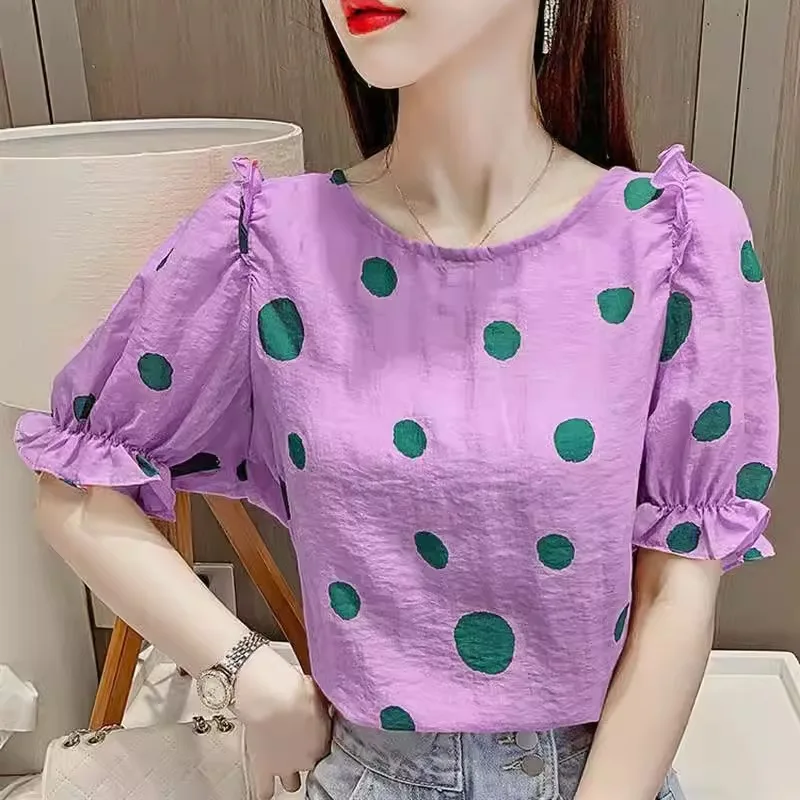 Fashion Women Summer Short Sleeved Polka Dot Puff Sleeve New Round Neck Backless Frenulum Hollow Out Loose All-match T-shirt