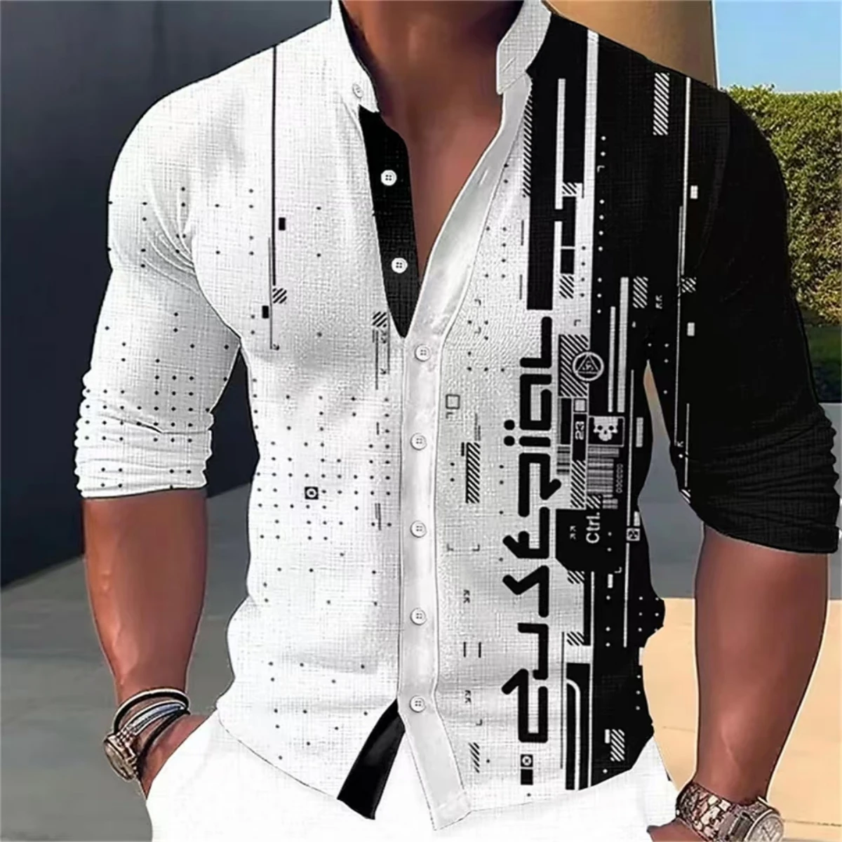 Men\'s Casual Shirt Printed Stand Collar Fashion Classic Comfortable Single breasted Street Loose Long-Sleeved Shirt