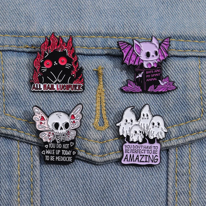 Bats Are My Spirit Animal Enamel Pin All Hail Lucipurr Ghost Skeleton Butterfly Brooches Lapel Badge Halloween Jewelry Gifts