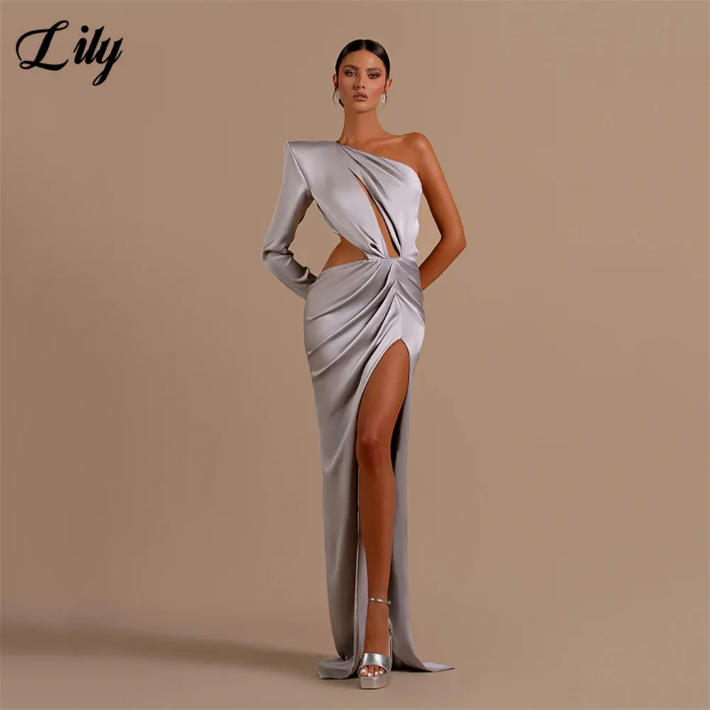 

Lily Silver Full Sleeves Prom Dresses Side Split Evening Dresses Stain Mermaid Wedding Darty Dress Floor Length Robe De Soirée