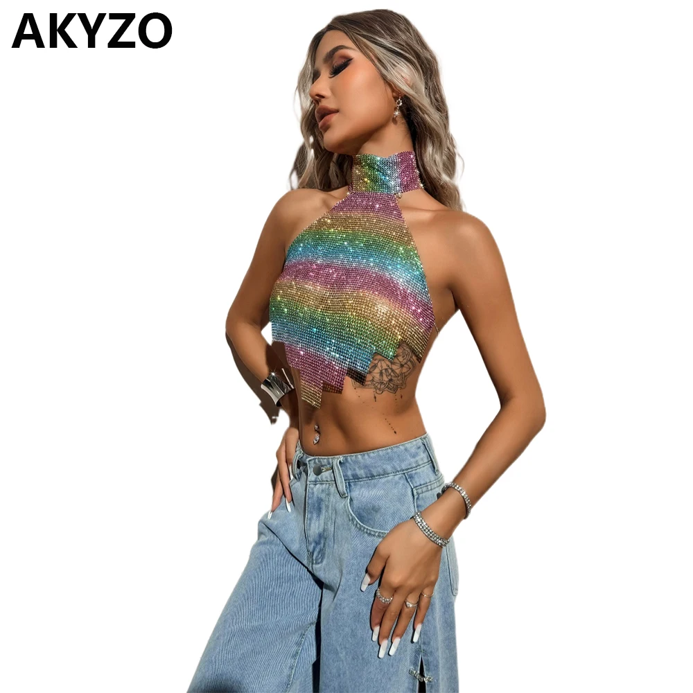 

AKYZO Women's Color Block Asymmetrical Hem Mesh Sequin Necklace Halter Top For Music Festival