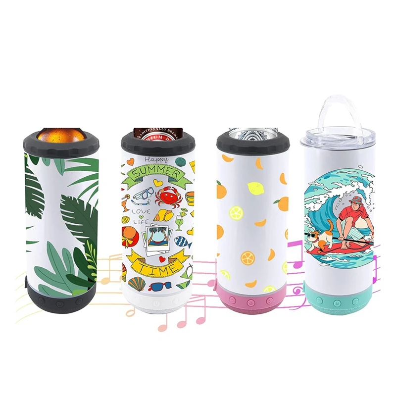 4-Pack 16 Oz Sublimated Blank Bluetooth Speaker Stainless Steel Insulated 4-In-1 Can Refrigerated Beer Holder Easy To Use