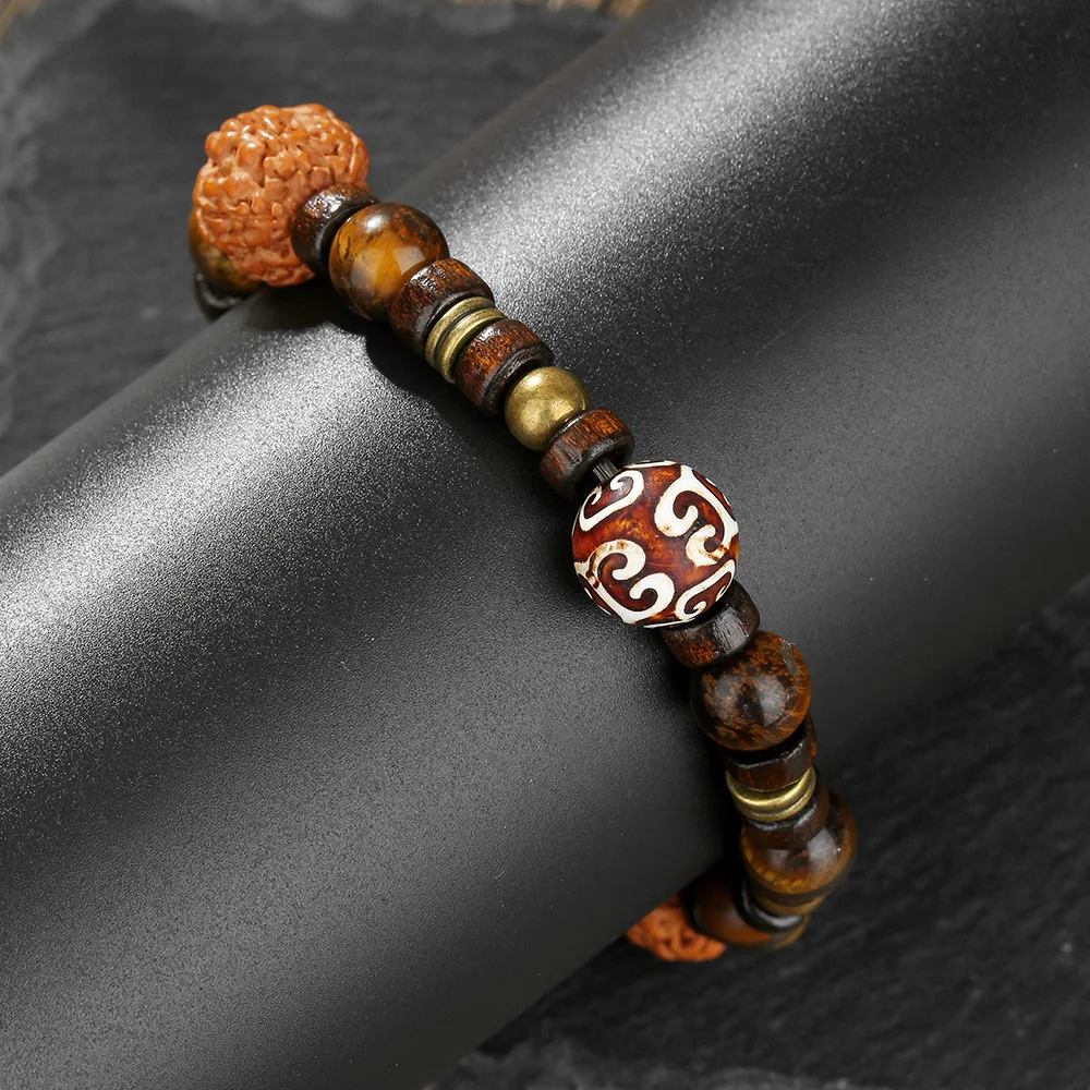 Tibetischer Ethno-Stil Dzi-Perlen Walnuss Herrenarmband Vintage Holzperlen Schmuck Mode Natürliche Tigerauge Accessoires – Detail 4