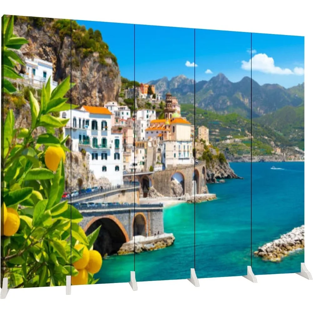 Screen Room Divider Beautiful View Mediterranean Coast Lemons Foreground Italy Canvas Screen Indoor Folding Separator