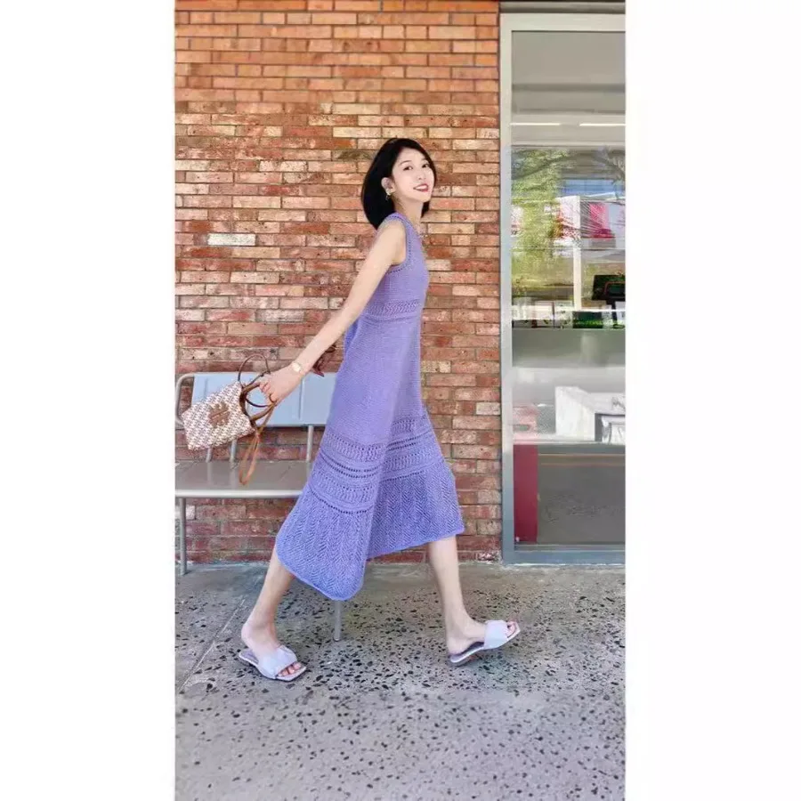 

【HOT】Tea break French purple romantic hollow knitted crochet flower dress women's summer sleeveless waist vest skirt women