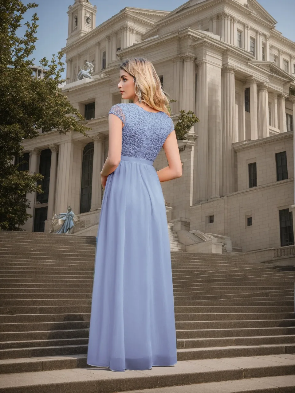 Simple Dusty Blue ชุดผู้หญิง Lace Patchwork O-คอสั้นแขนยาวชุดชีฟองจีบ Empire Prom Party Maxi ชุด