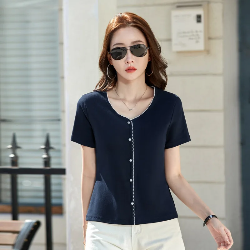 # 0299 Rot-Blaues Kurzes T-Shirt für Damen V-Ausschnitt Knöpfe Schlankes Stretch-Baumwoll Sexy Kurzarm-T-Shirt Femme Koreanischer Stil T-Shirt Sommer