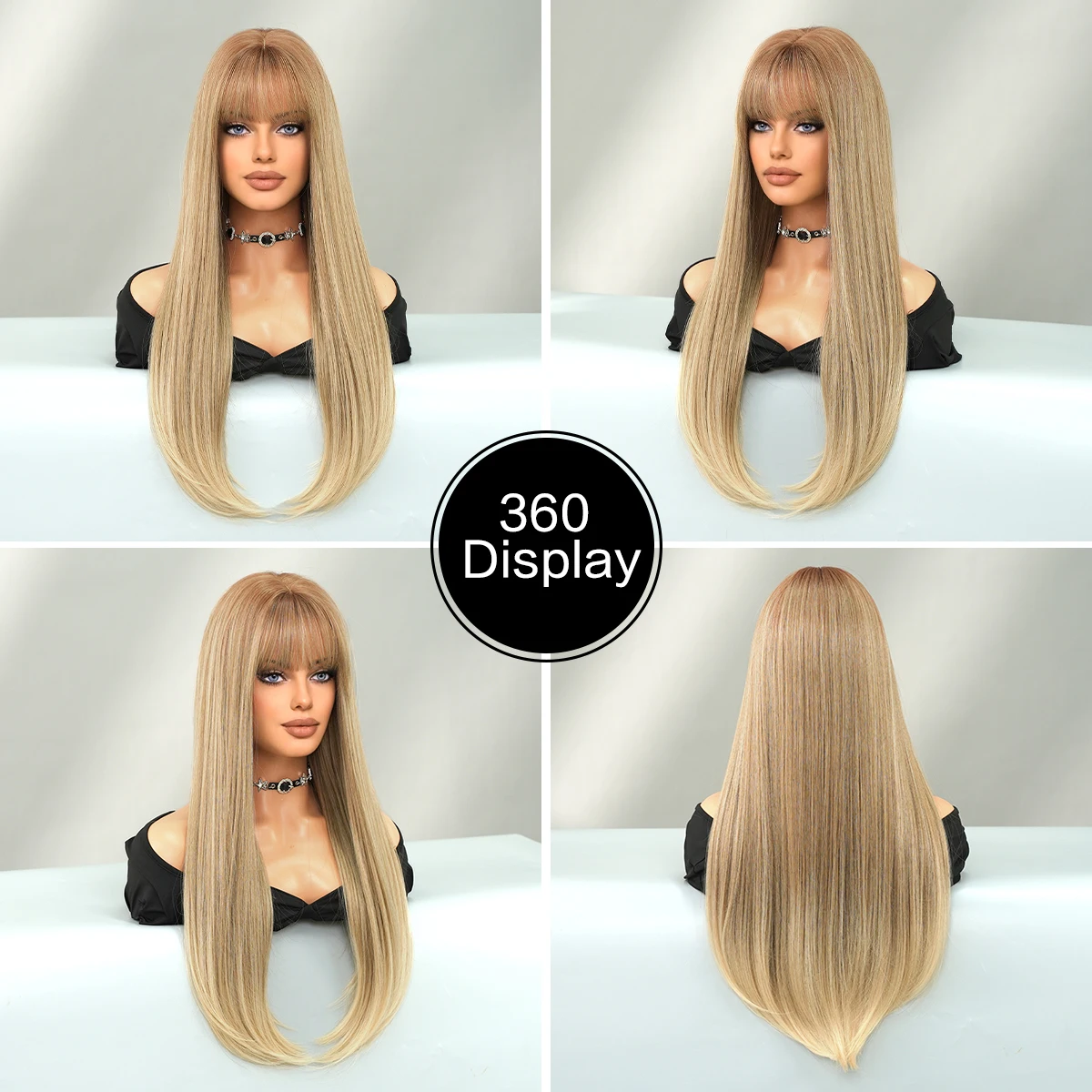 PARK YUN Long Straight Light Brown Wig With Bangs for Women Daily Party High Density Gradient Blonde Wigs Heat Resistant Fiber