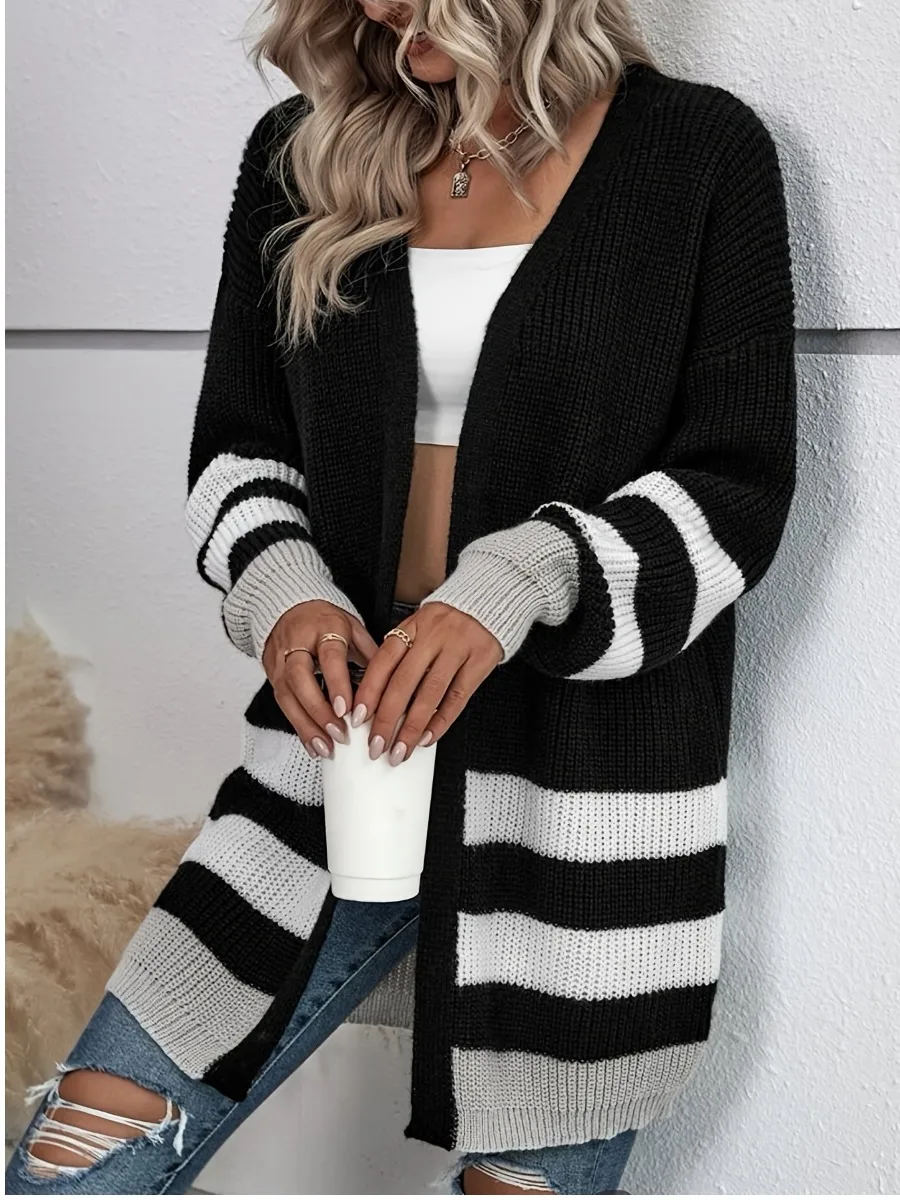 LW Dropped Shoulder Striped Cardigan 2023 Fashion Autumn Winter Knitting Long Sleeve V Neck Casual Sweater Daily Tops forWomen