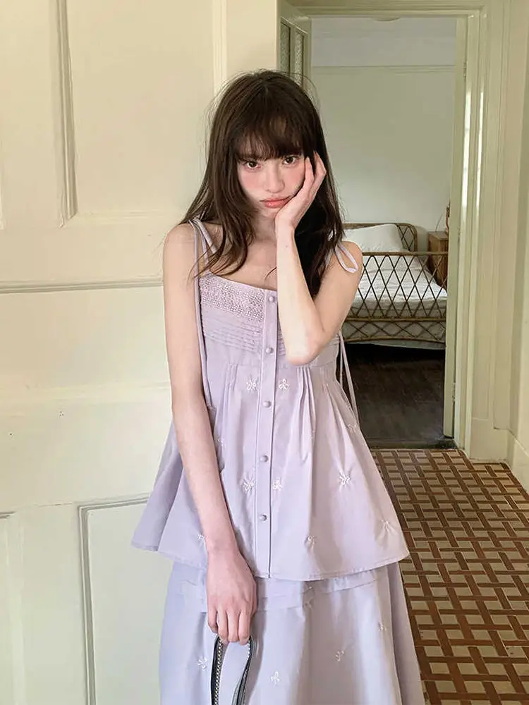 

Two Piece Sets Womens Outifits Summer New Elegant Style High-end Advanced Designed Niche Lace-up Bow Sling Top and Skirt