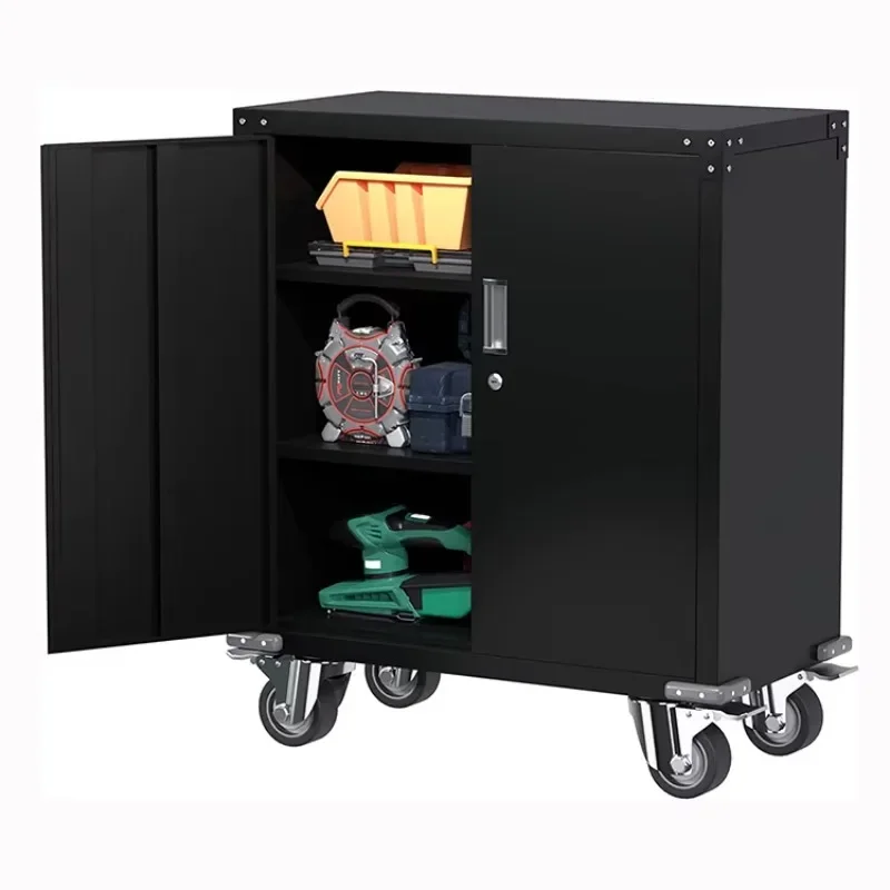 JH-Mech Metal Cabinet Storage on Wheels with 2 Adjustable Shelves 35.4'' Height Steel Cabinet Locker Metal