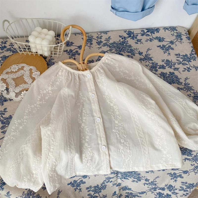 

Boutique Kids Baby Girls Lolita Blouse Kawaii Flower Embroidery French Style Children Shirts Cotton Sun Protection Shirt 0-6y