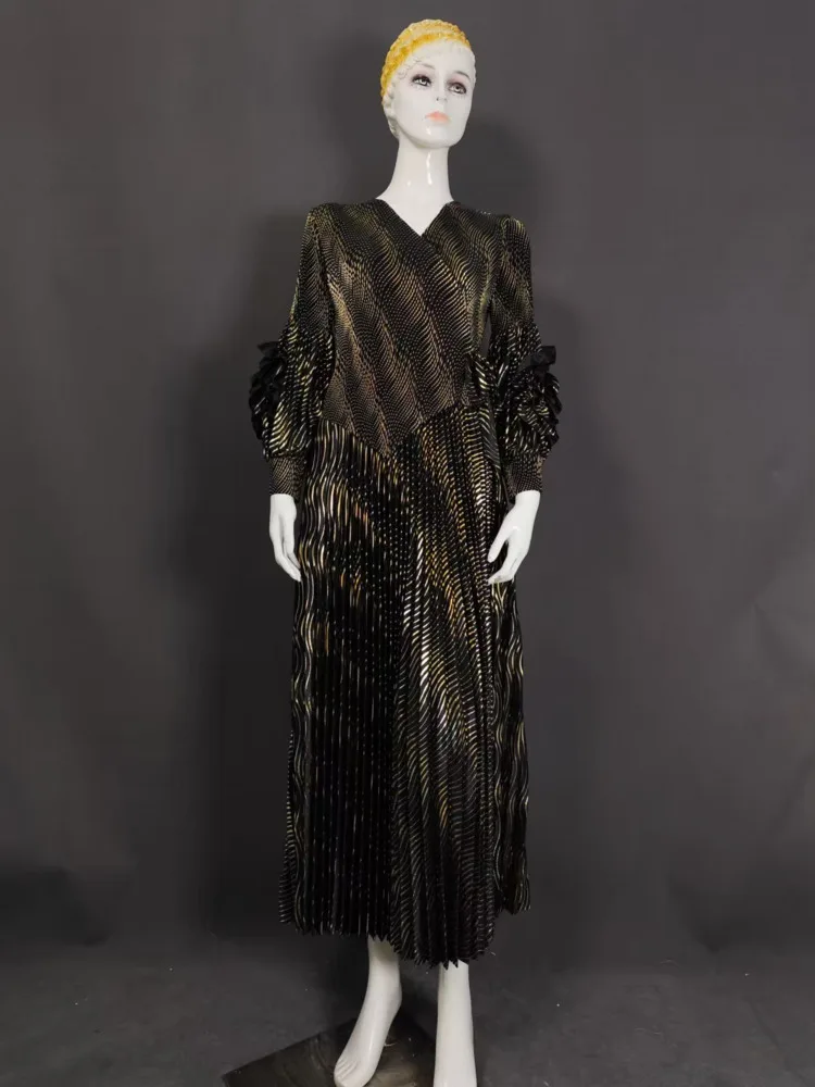 Eeonovni miyake design plissado vestido feminino bronzeamento decote em v manga floral reunidos cintura vestidos de festa 2025 novas roupas 1a933