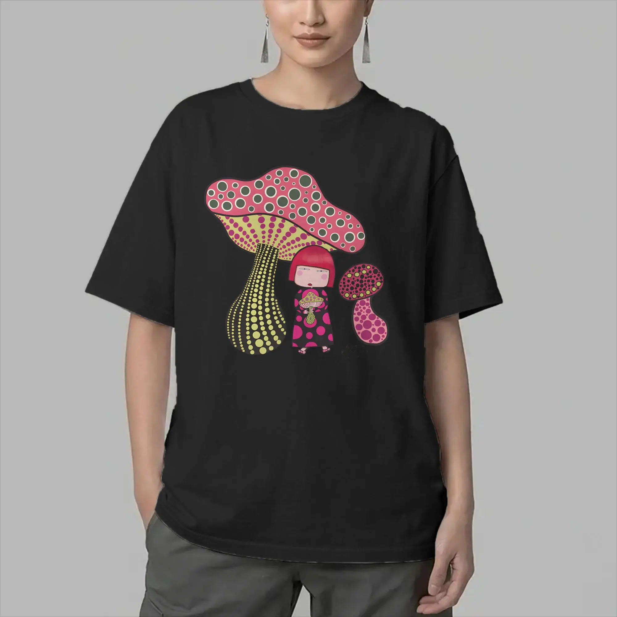 Men's Mushrooms Girl Y-Yayoi Kusama T Shirts  Cotton Clothing Creative Short Sleeve Crew Neck Tees Gift Idea T-Shirts