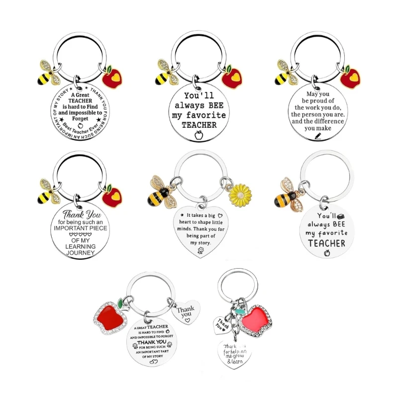 195C Teacher Thank You Keychain for Teachers, Stainless Steel Look Ring Charm with Engraved Pendant for Everyday Carry