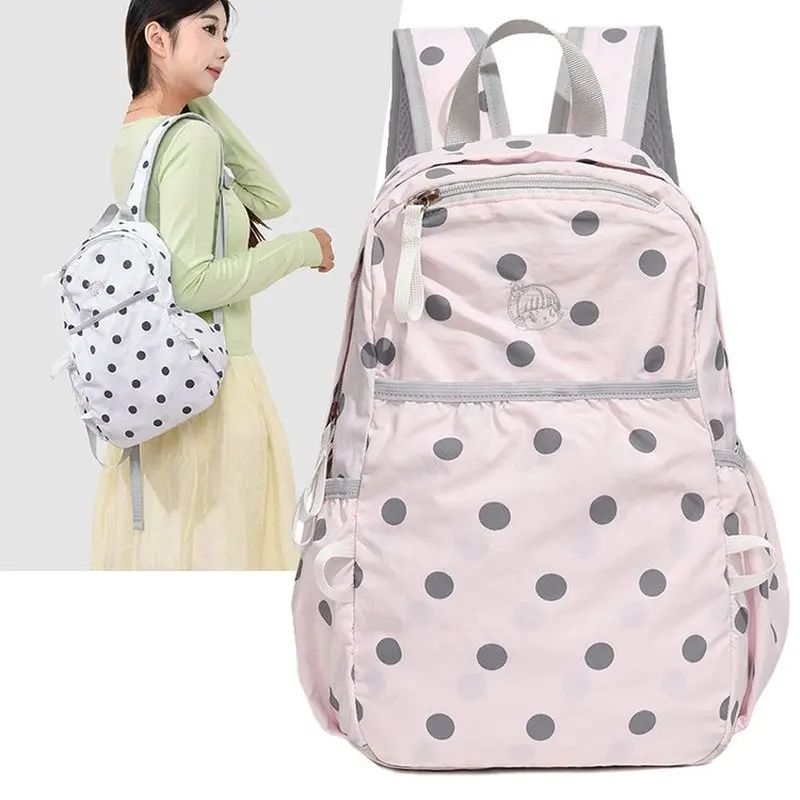 Women Polka Dot Drawstring Backpack Lightweight Waterproof Nylon School Travel Daypack Casual Foldable Shoulder Bag With Front