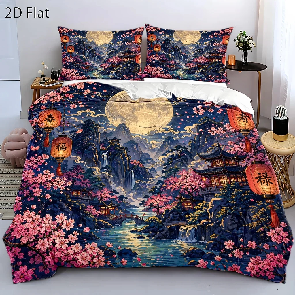 3-Piece New Chinese-Style Landscape and Floral Moonlight Night Quilt Cover Set, Three-Piece Bedding Set (1*Quilt Cover + 2*Pillowcases), Suitable for All Seasons, Machine Washable, Invisible Zipper Personal Bed Cover, Suitable for Home, Dormitory, Master Bedroom, Guest Room, Large Chinese-Style Cherry Blossom and Ancient Lantern Bedding, National Trend Landscape Print Bedding Set, Soft, Skin-Friendly, Breathable Three-Piece Bedding Set