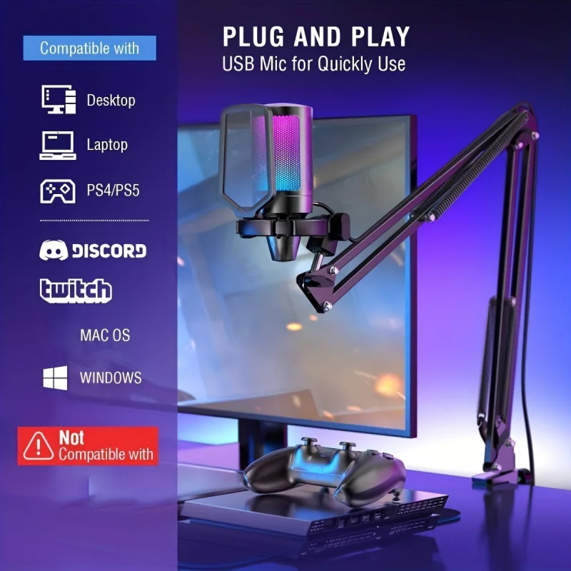 لعبة ComputerUSBMicrophone، ميكروفون مكثف بودكاست مع حامل للذراع، غطاء سبيت، زر صامت، ليف مناسب