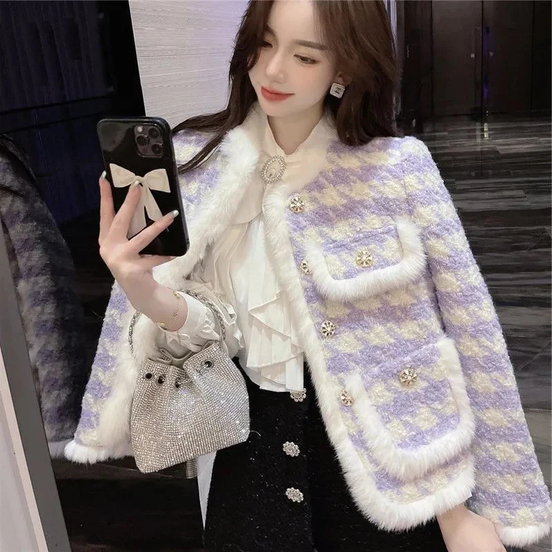 Women Plaid Quilted Coats Fall Winter Office Lady Elegant Fashion Thicken Outwear Small Fragrance Button Raw Edges Casual Coat