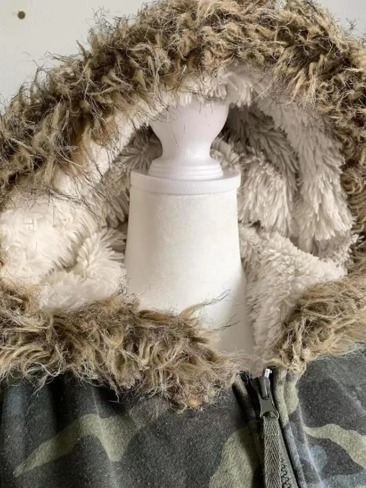 Women Y2k Harajuku Grunge Vintage Sweatshirt Faux Fur Zip Fashion Jacket Streetwear Winter Vintage American Retro Camo Hoodie