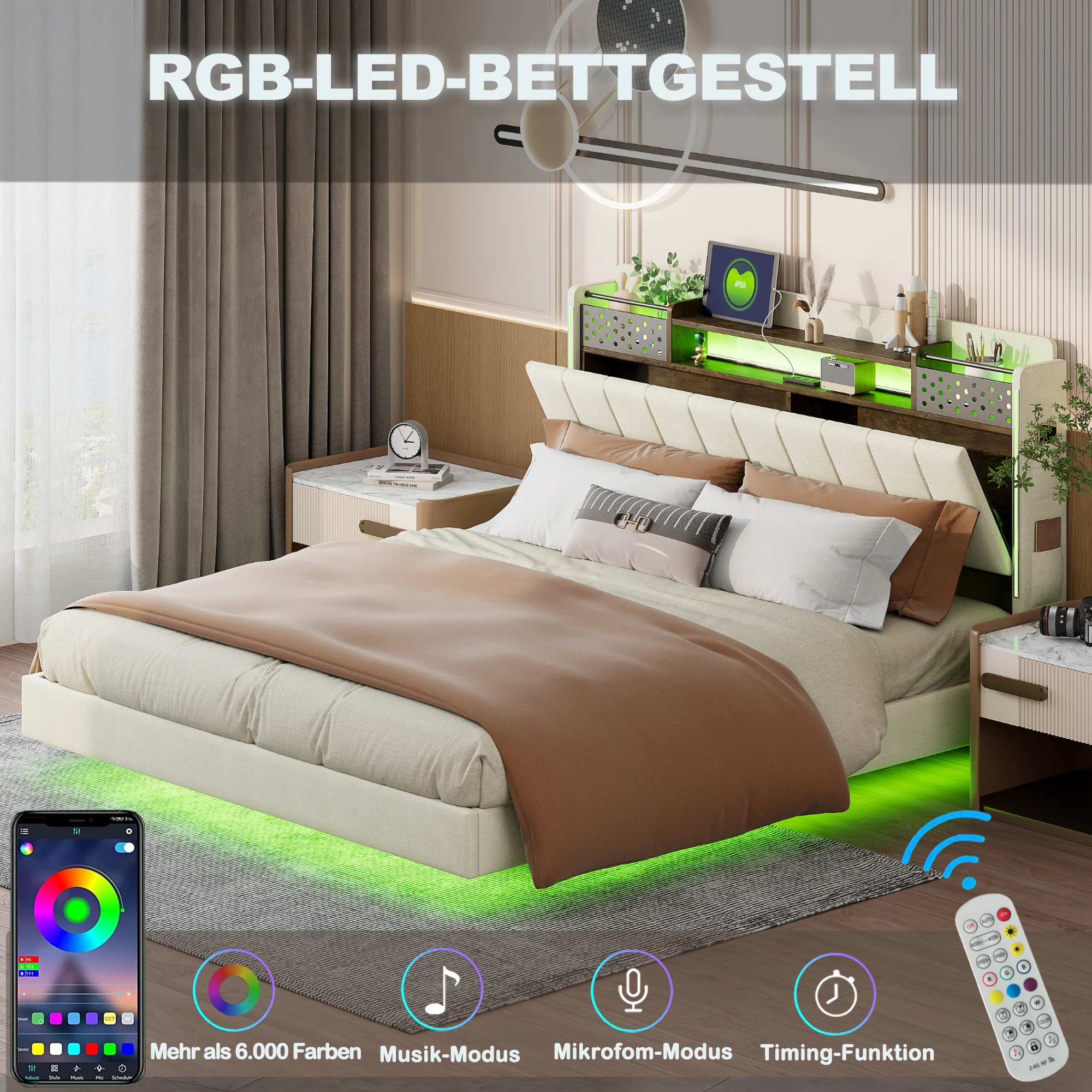 Lit avec rangement 140x200 cm - Lit double capitonné avec éclairage LED - Lin + Métal - Sans matelas - Beige