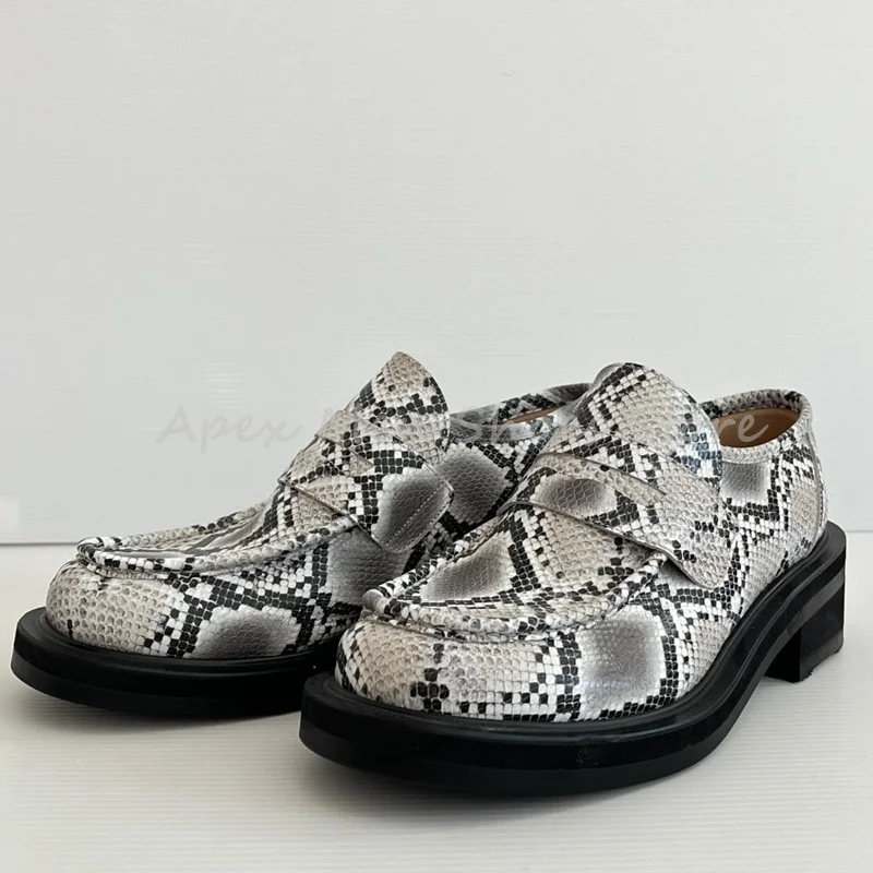 

Novelty Men's Snake Print Cow Leather Loafers Thick Heel Slip On Flat Casual Shoes 2025 New Fashion Comfortable Footwear