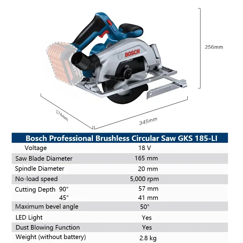 BOSCH GKS 185-LI Cordless Circular Saw Brushless Motor 165mm Blade Cutting Machine For Woodworking 18V Bosch Power Tools