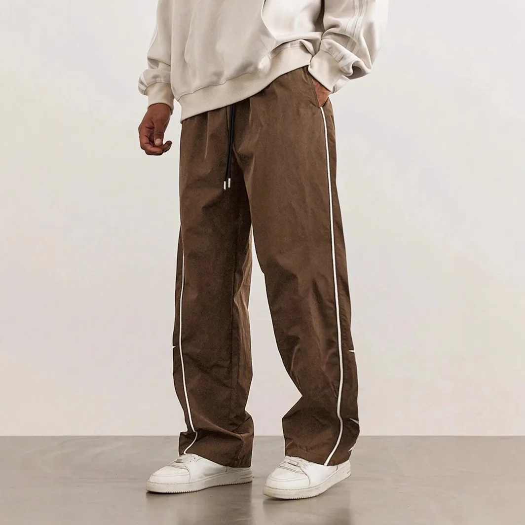 

2025 American European New Fashion Men's Basic Drawstring Casual Trendy Wide Leg Straight Embroideried Loose Trousers Male Pants