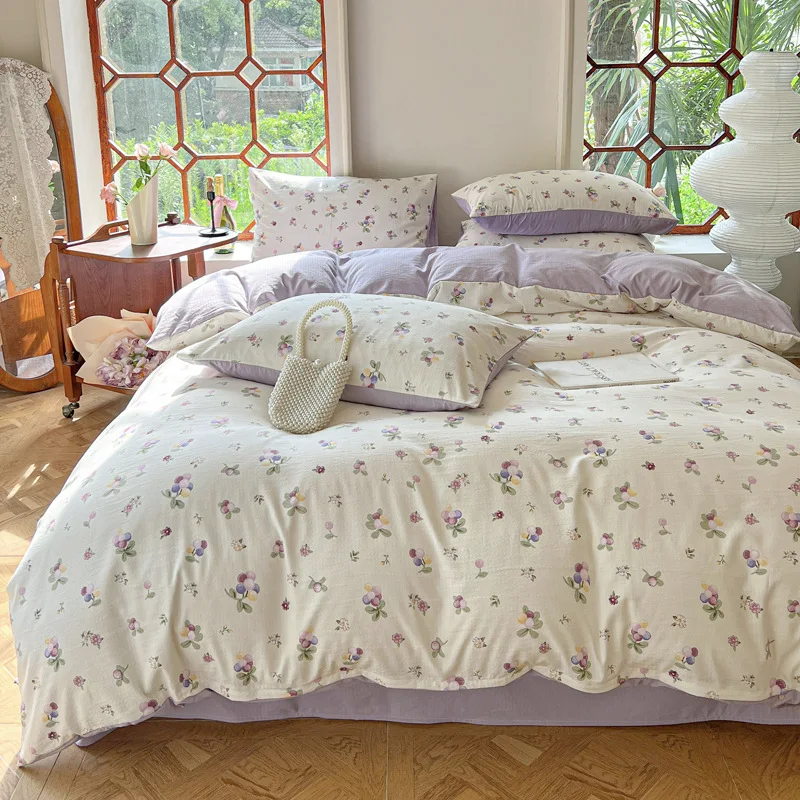 4pcs Vintage Countryside Style Bed Sheet, Four Seasons Water Washed Cotton Small Flower Duvet Cover, Bedding Supplies 1.5/1.8/2M