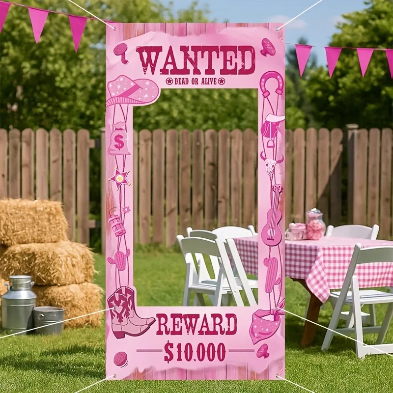 Bannière de cadre photo « Cowgirl Rose Recherchée » pour toile de fond de fête Western, thème Rodeo, pour anniversaire