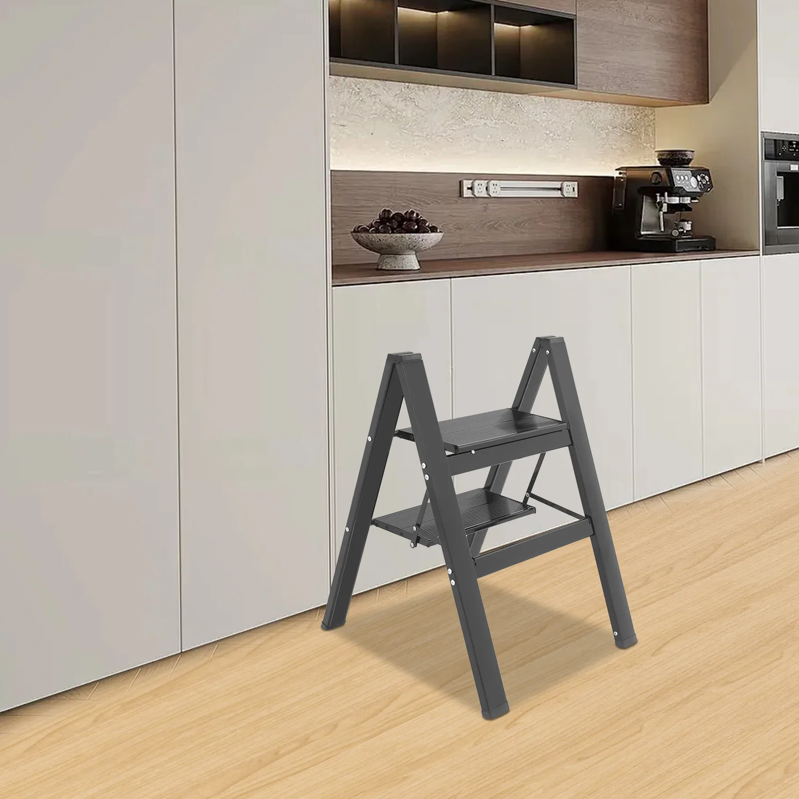 Black Aluminum Folding Step Stool 2 Steps, 300kg Load Capacity Ladder for Kitchen, Bedside and Storage Needs